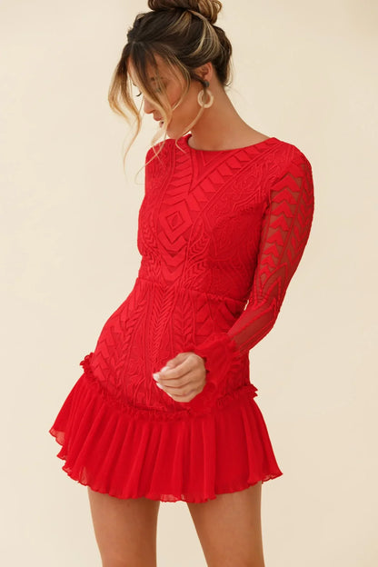 Red Long Sleeve Pleated Hem Mini Dress
