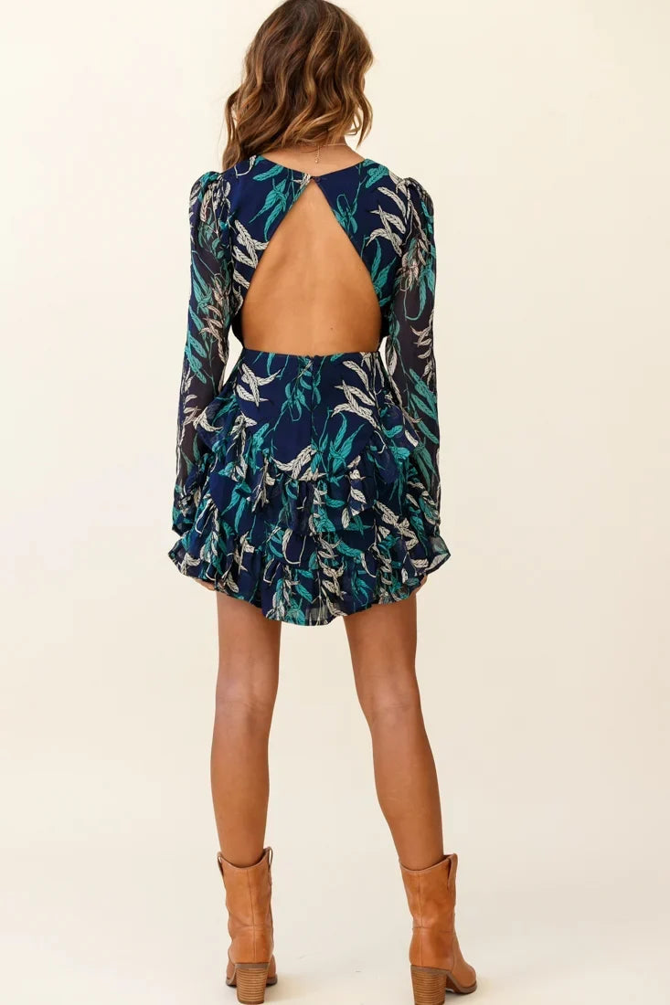Navy Leaf Print Long Sleeve Double Ruffle Mini Dress