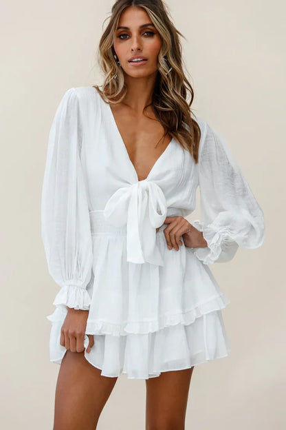 Long Sleeve Bow-Front Layered Frill Mini Dress