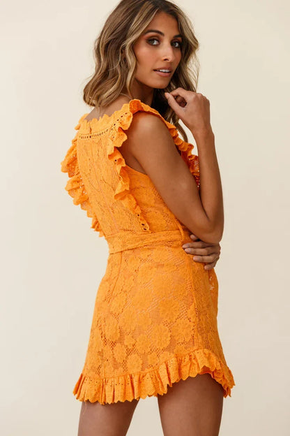 Sleeveless Belted Crochet Frill Mini Dress