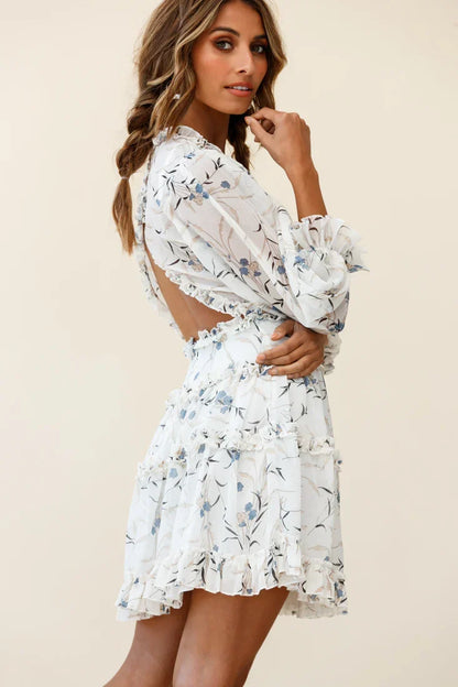 Cutout Back Ruffle Trim Floral Print Mini Dress