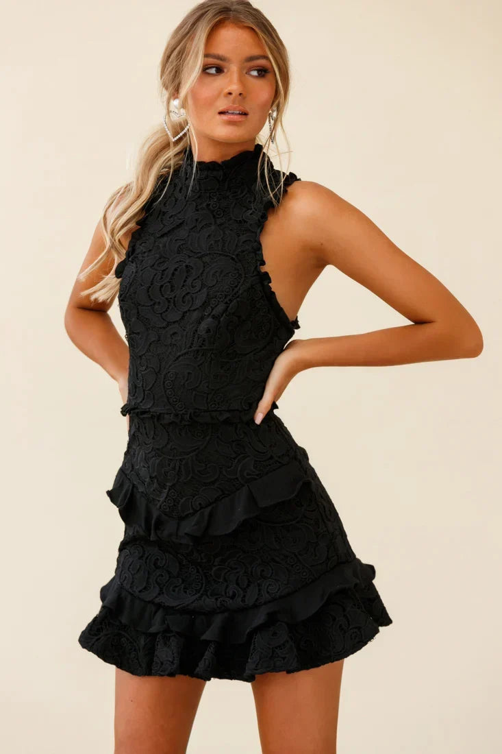 Sleeveless High Neck Ruffle Lace Mini Dress