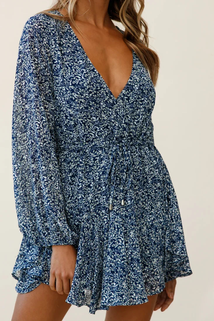 Navy Floral Print Long Sleeve Drawstring Mini Dress