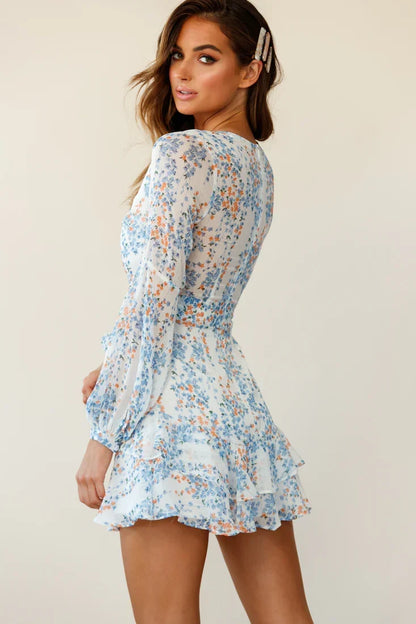 White Floral Vine Print Layered Balloon Sleeve Mini Dress