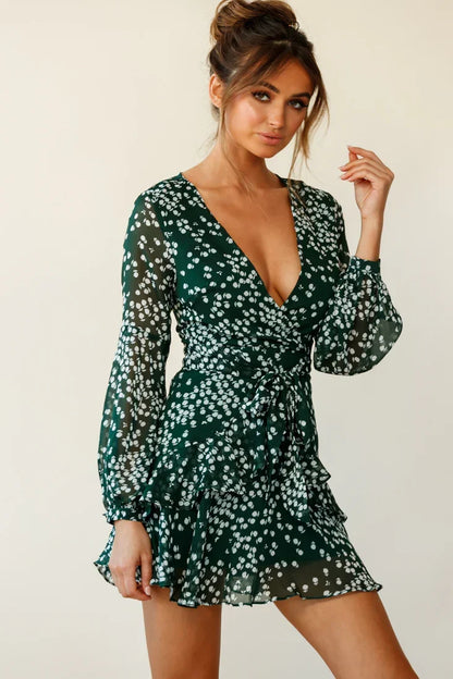 Forest Green Floral Print Layered Balloon Sleeve Mini Dress