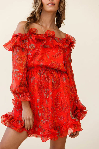 Red Floral Print Off-Shoulder Lettuce Frill Dress