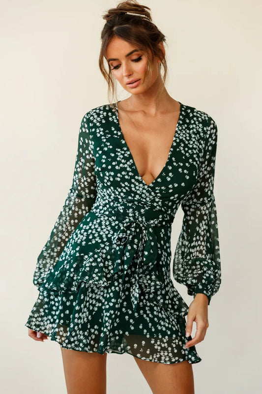 Forest Green Floral Print Layered Balloon Sleeve Mini Dress