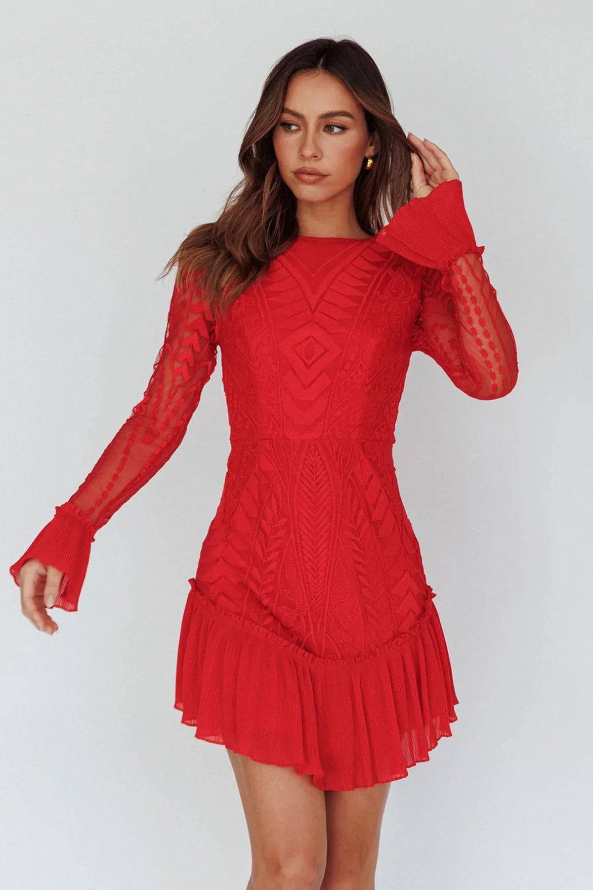 Red Long Sleeve Pleated Hem Mini Dress