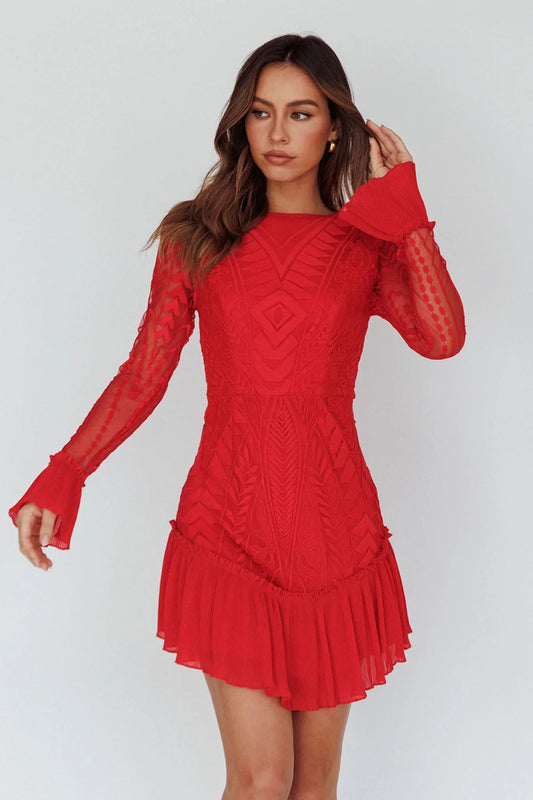 Red Long Sleeve Pleated Hem Mini Dress