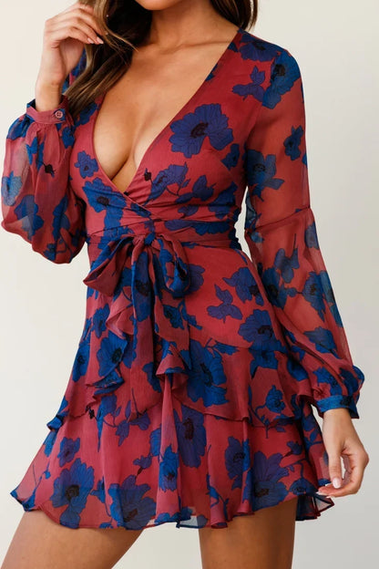 Rose and Blue Floral Print Layered Balloon Sleeve Mini Dress