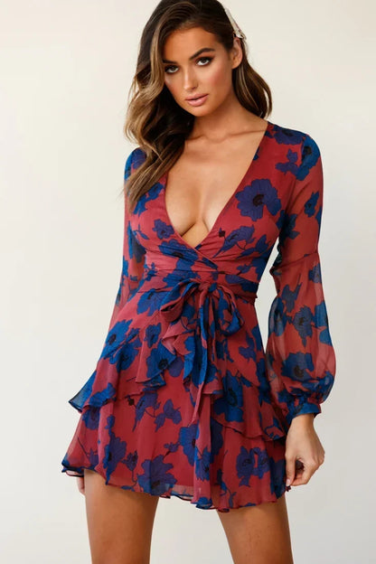 Rose and Blue Floral Print Layered Balloon Sleeve Mini Dress